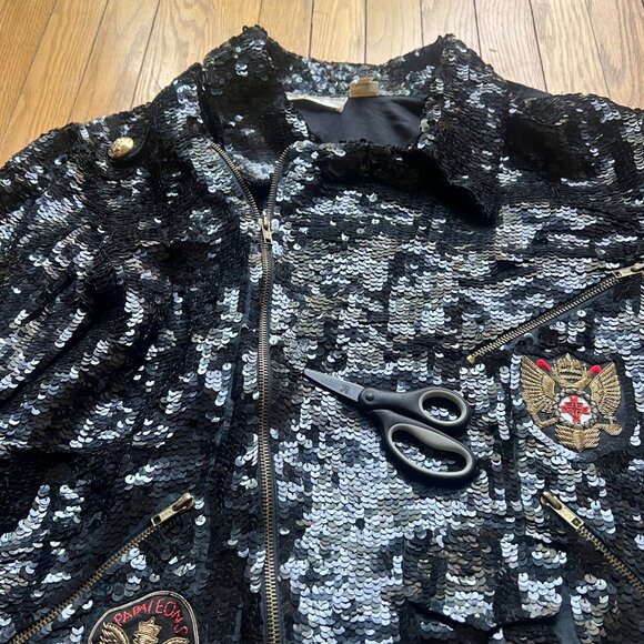 French Collizioni Size S Black Vintage Sequin Embroidered Patches Moto Jacket - Picture 11 of 16